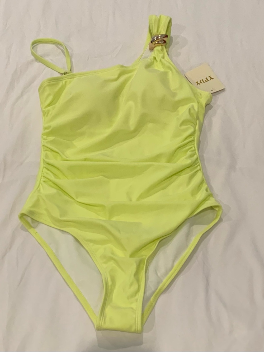 One-Shoulder Neon Lime One-Piece Swimsuit with Ring Accent